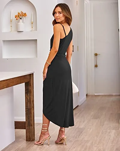 BTFBM Women Summer One Shoulder Dress 2023 Spaghetti Strap Sleeveless Ruched Wrap Slit Bodycon Party Casual Sundresses(Solid Black, X-Large)