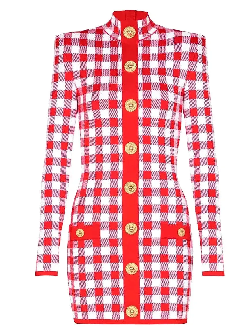 Button-Embellished Gingham Knit Stretch Mini Dress