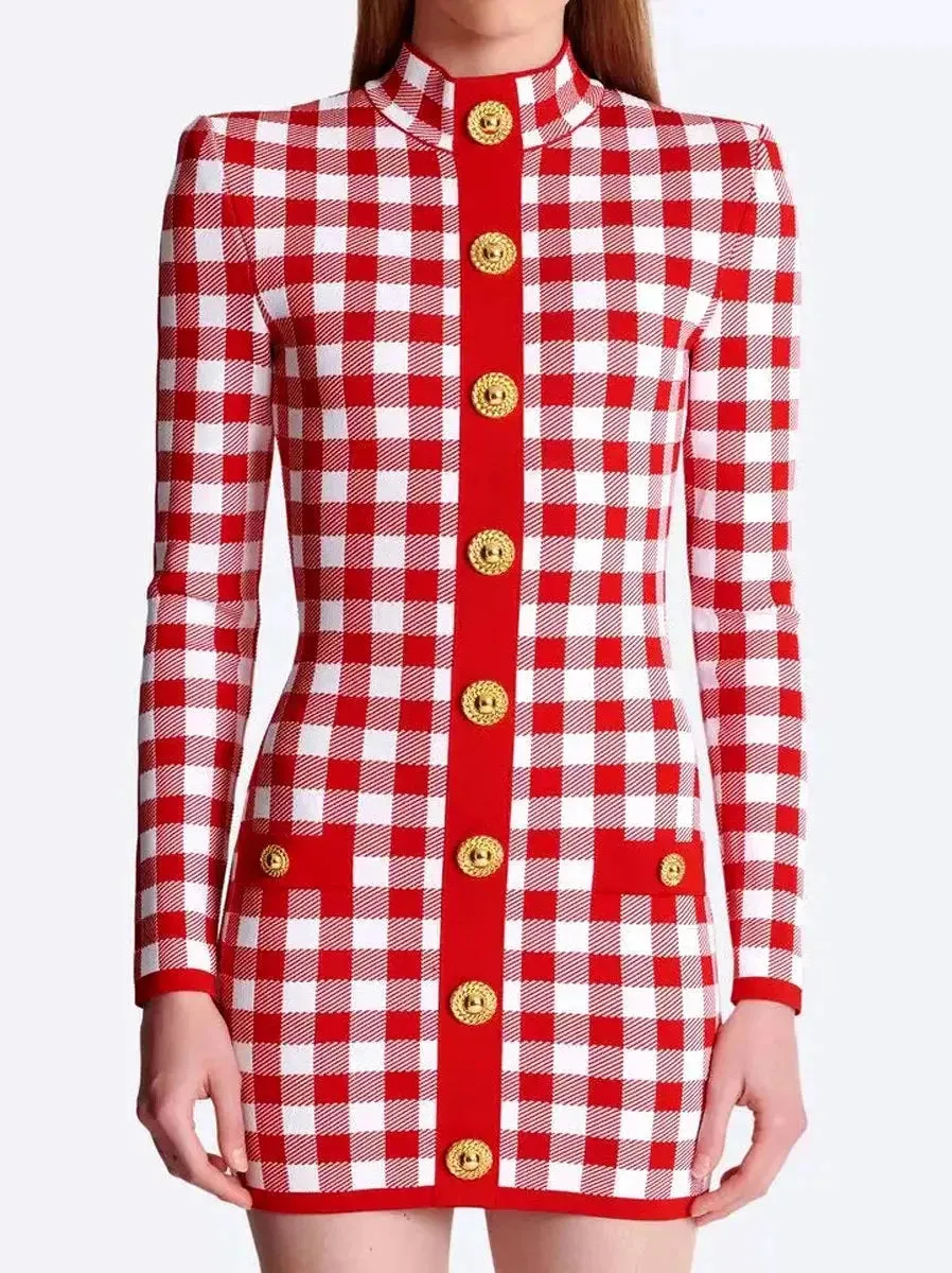 Button-Embellished Gingham Knit Stretch Mini Dress