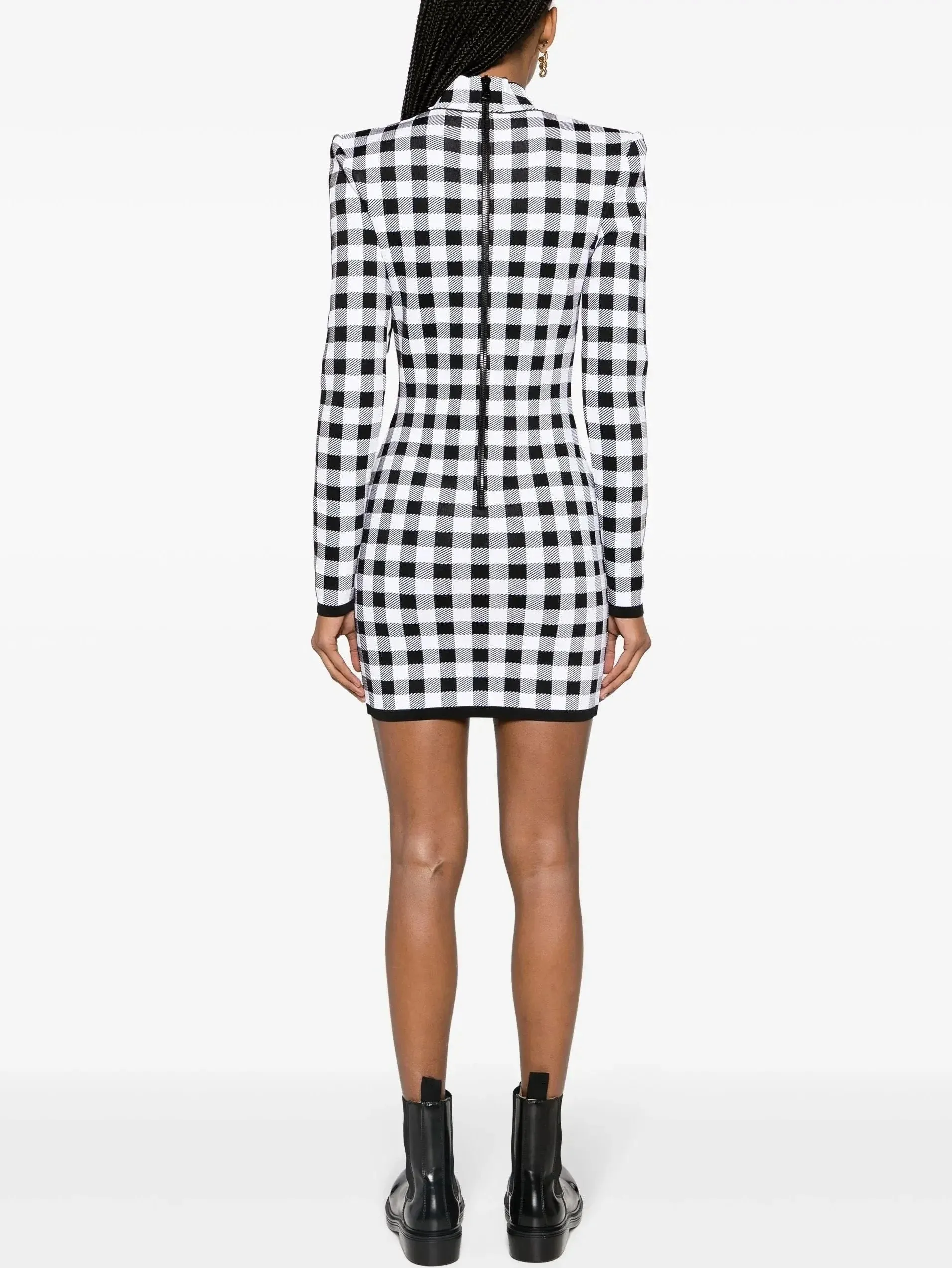 Button-Embellished Gingham Knit Stretch Mini Dress