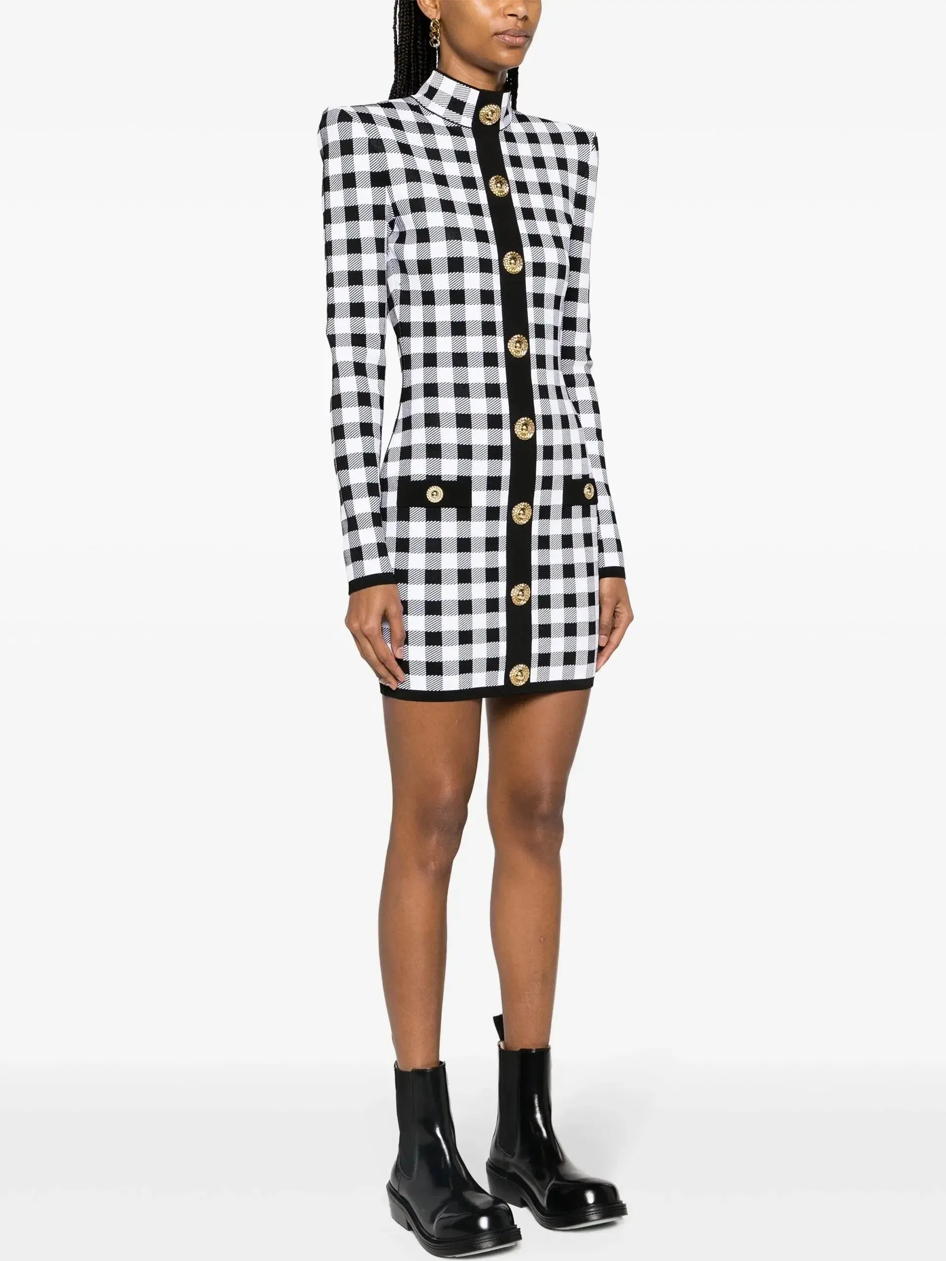 Button-Embellished Gingham Knit Stretch Mini Dress