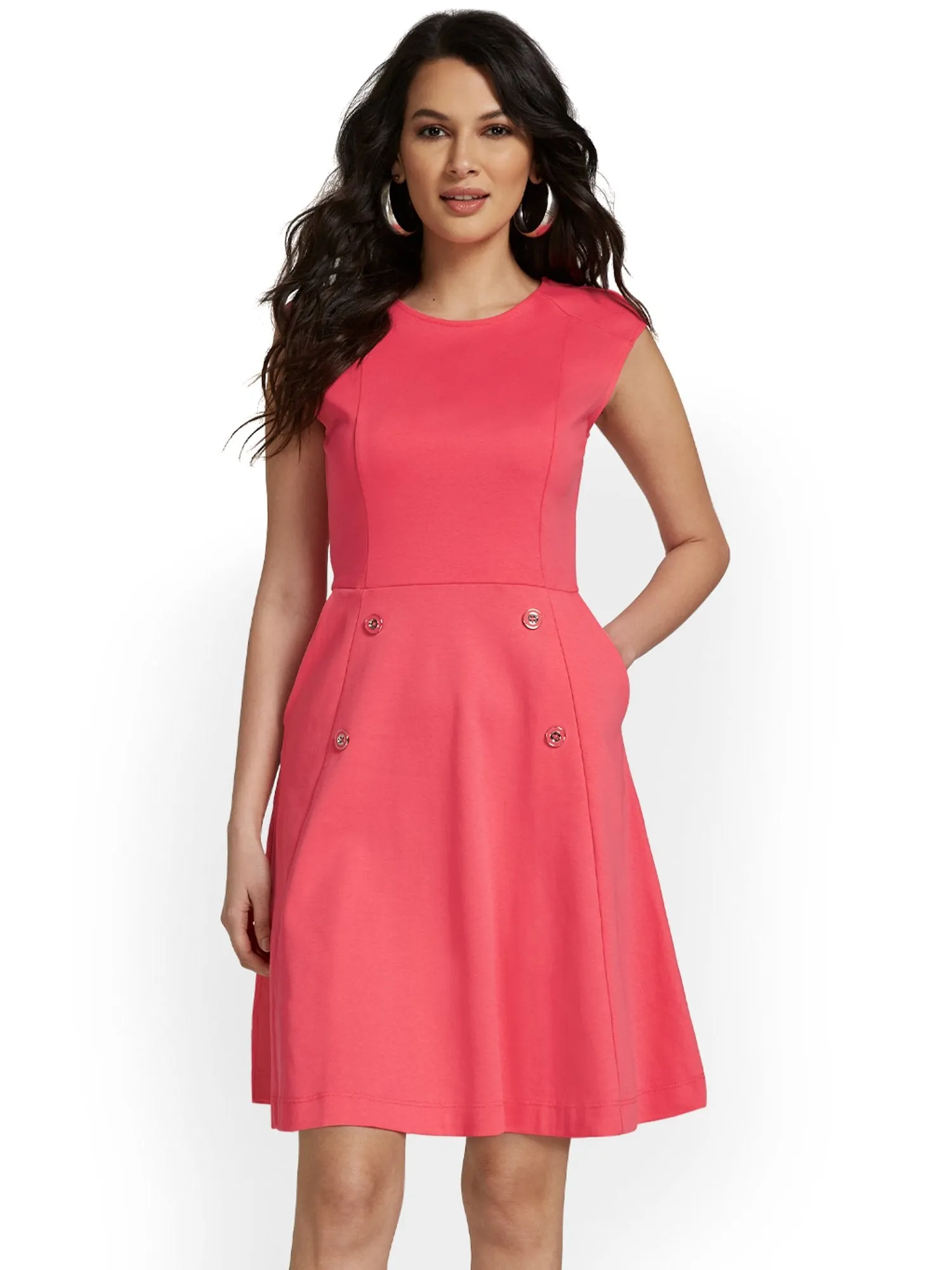 Button-Front Flare Dress - City Knits