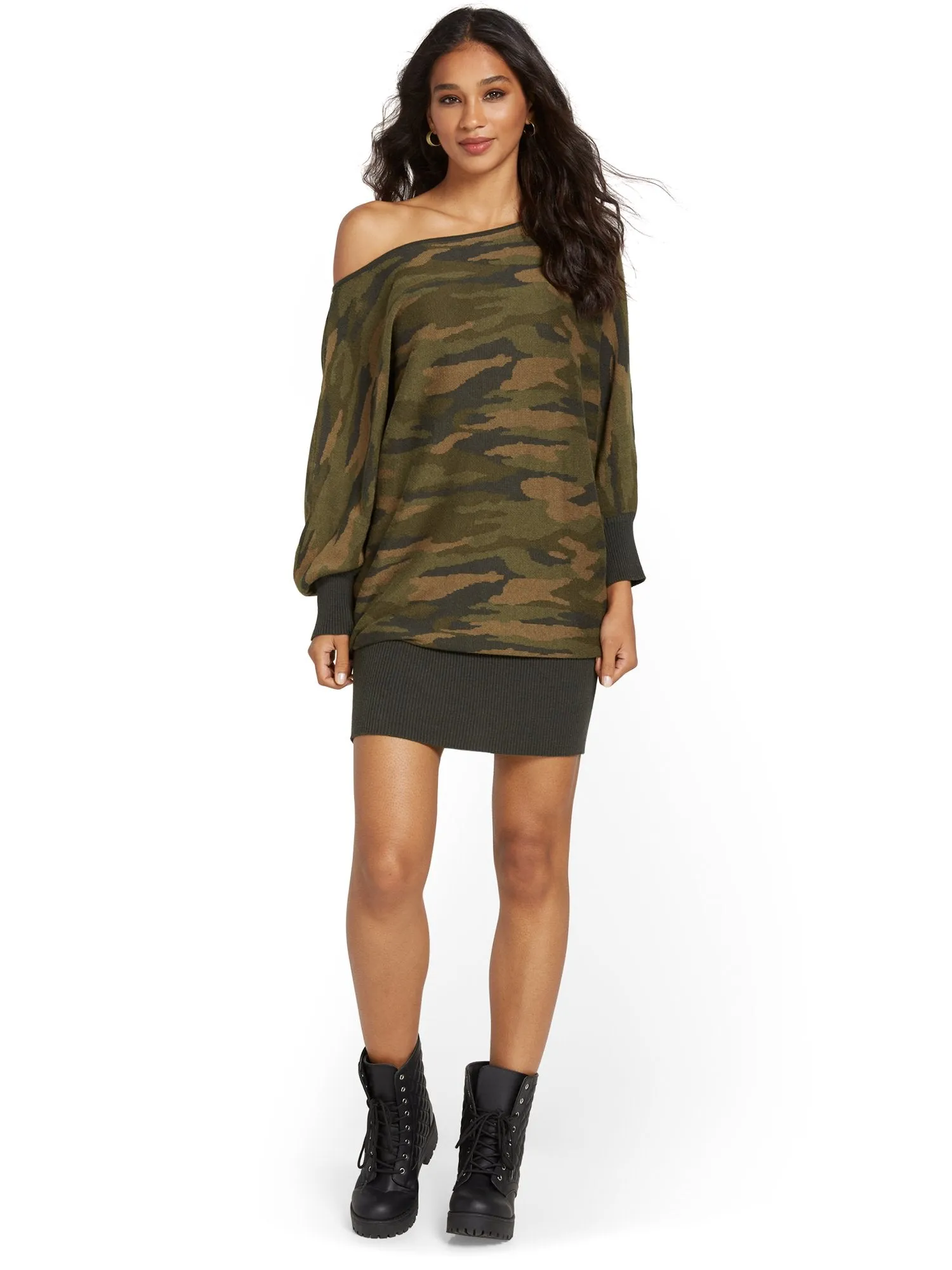 Camo-Print Dolman Sweater Dress