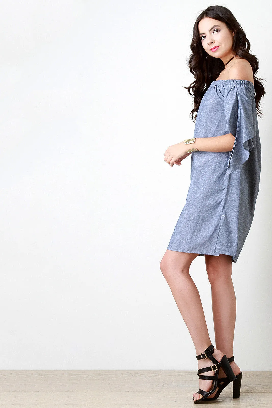 Chambray Off The Shoulder Slit Sleeves Dress