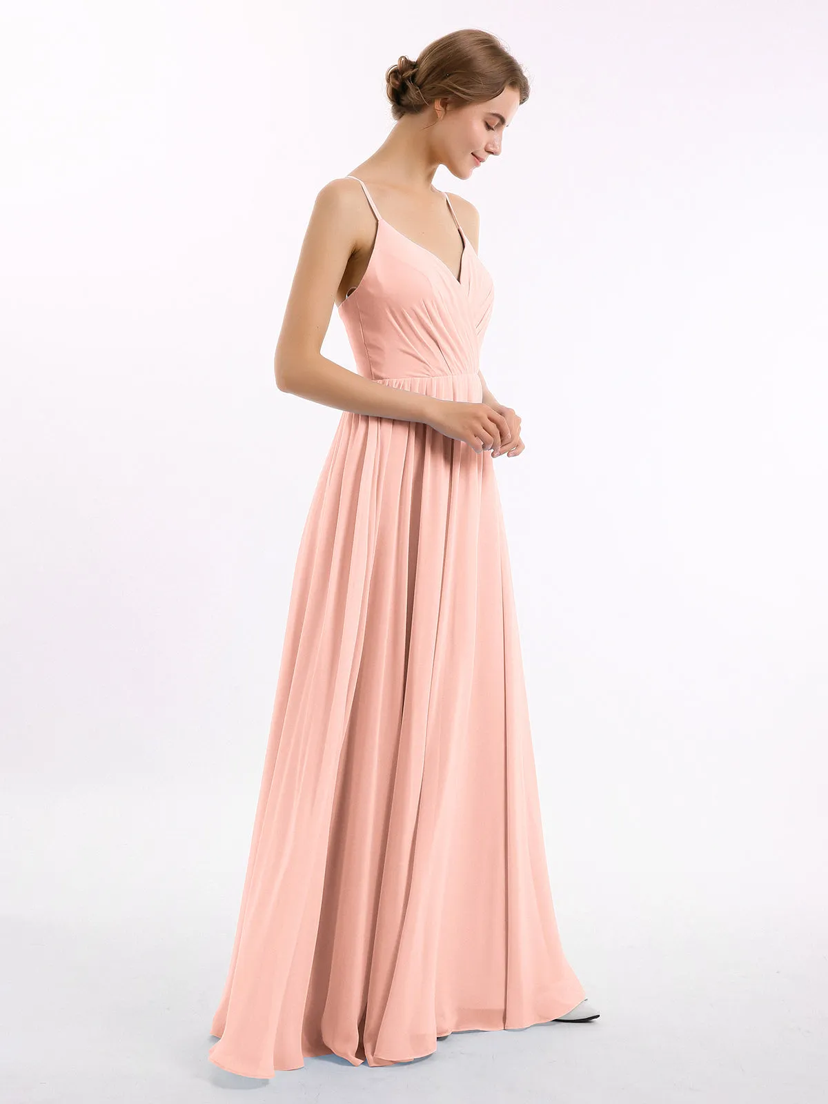 Chiffon Bridesmaid Dresses with Spaghetti Straps-Coral