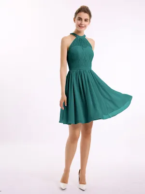 Chiffon Halter Short Bridesmaid Dresses Peacock