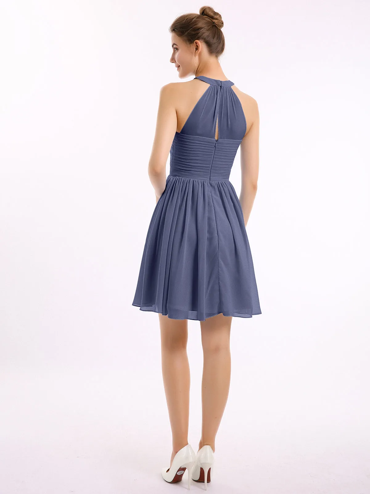 Chiffon Halter Short Bridesmaid Dresses Stormy