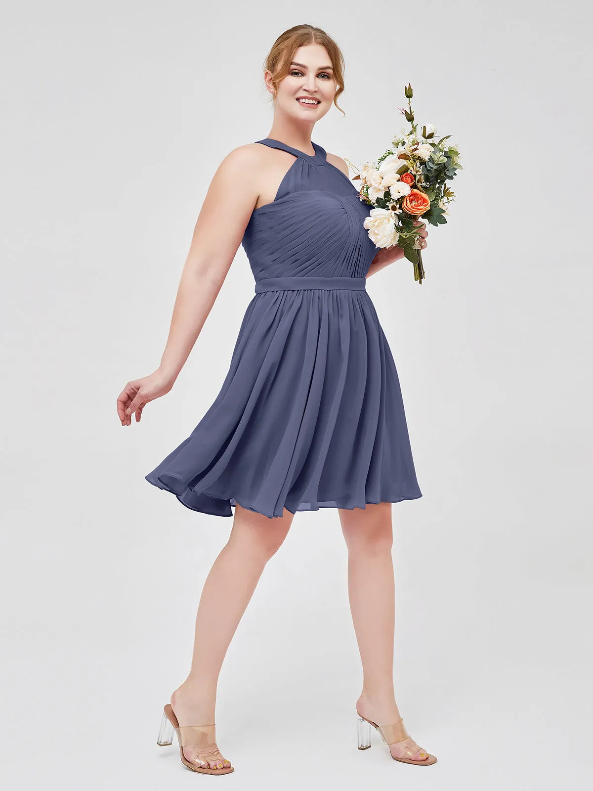 Chiffon Halter Short Bridesmaid Dresses Stormy