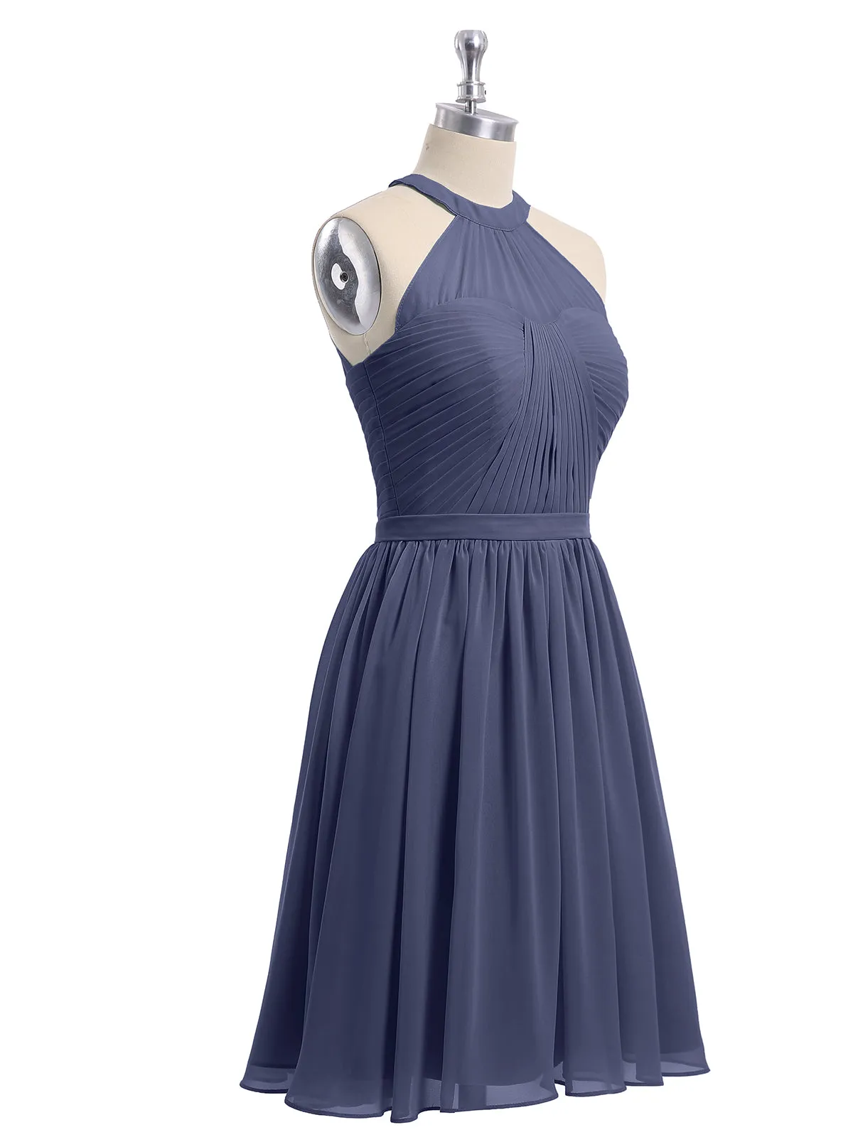 Chiffon Halter Short Bridesmaid Dresses Stormy