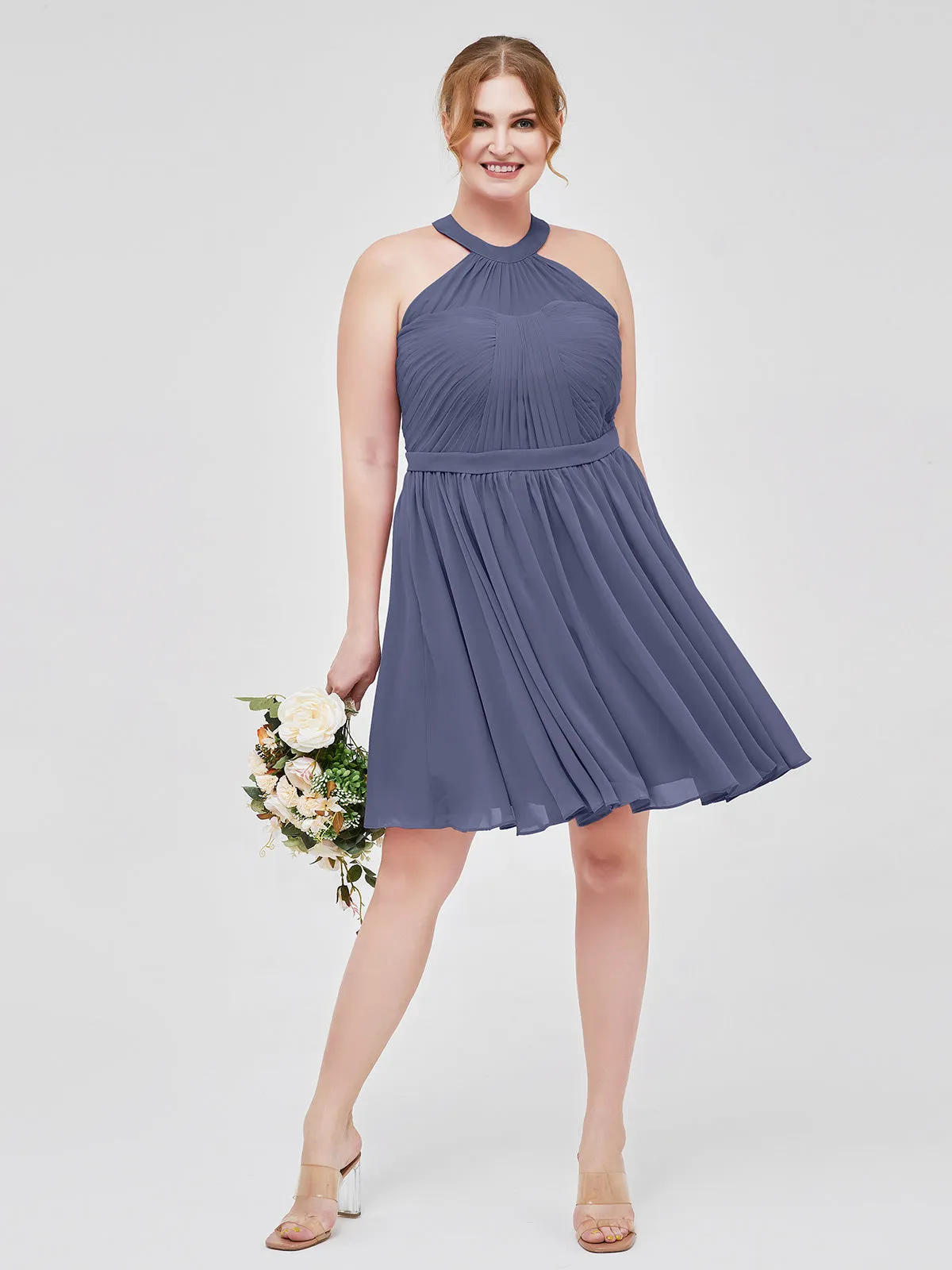 Chiffon Halter Short Bridesmaid Dresses Stormy