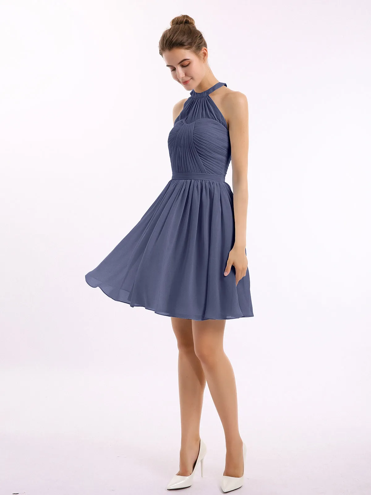 Chiffon Halter Short Bridesmaid Dresses Stormy