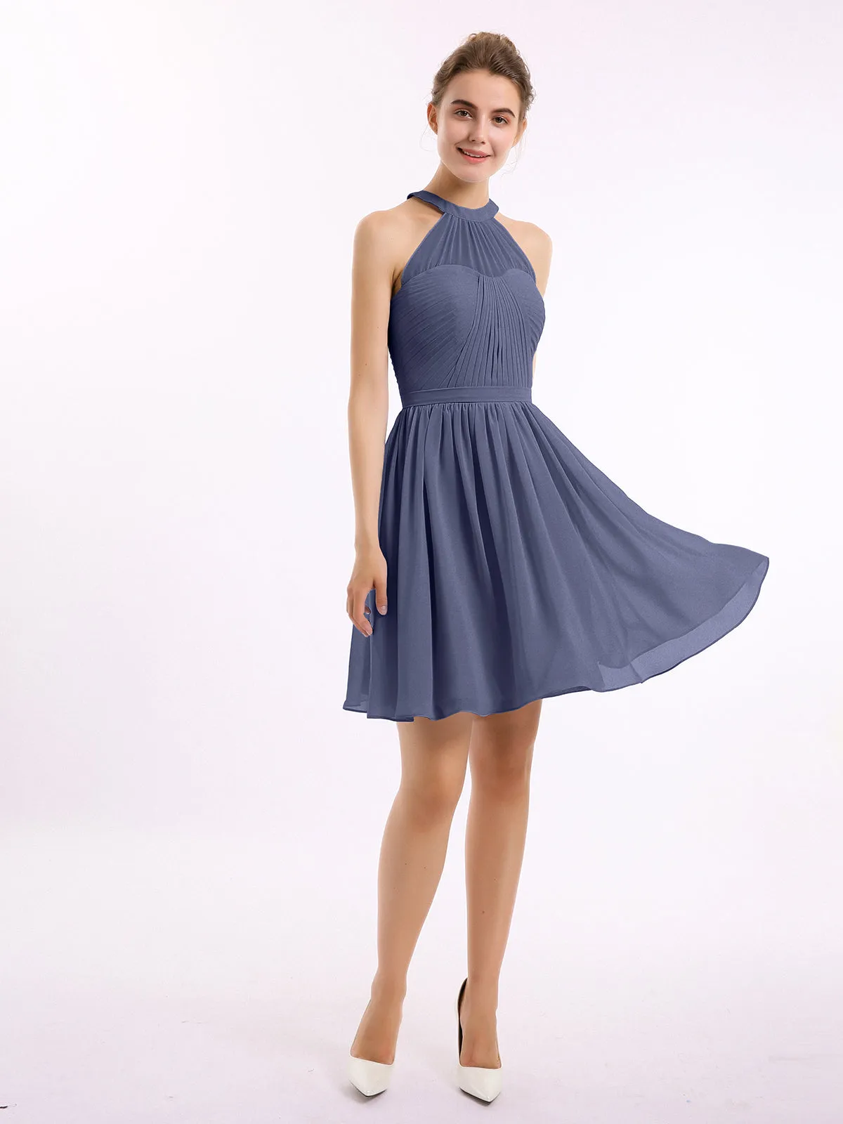 Chiffon Halter Short Bridesmaid Dresses Stormy