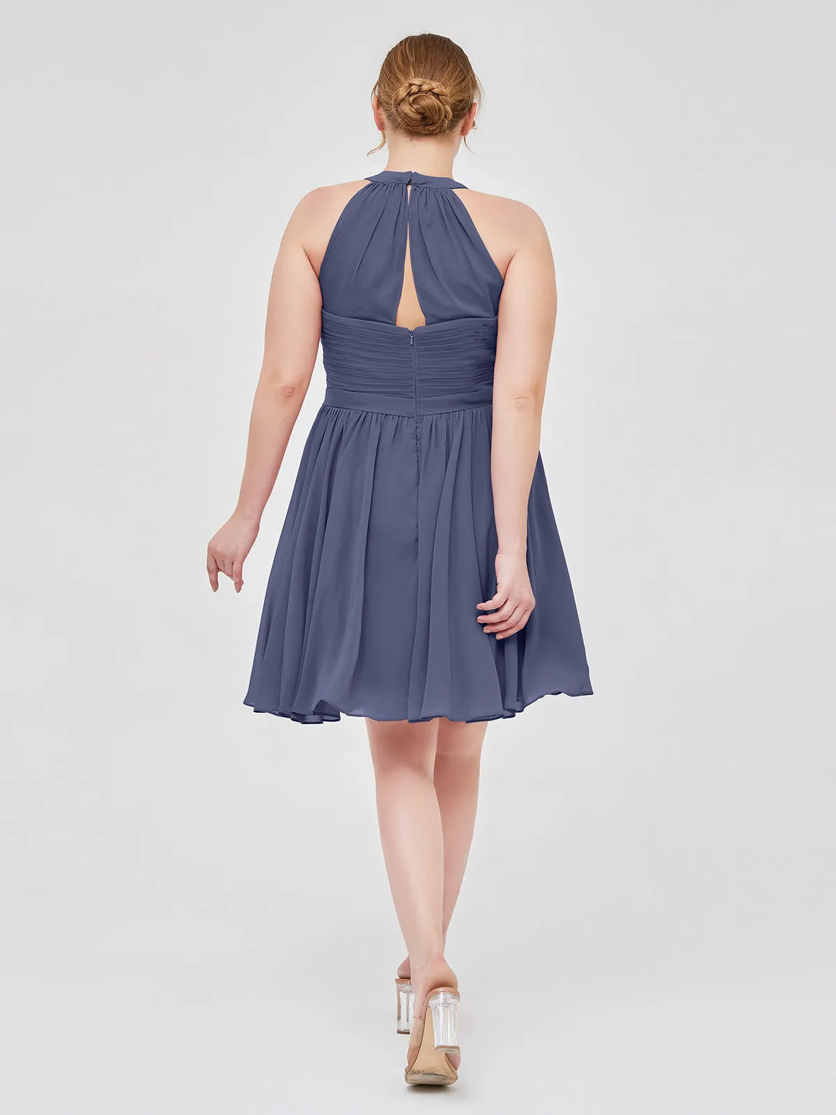 Chiffon Halter Short Bridesmaid Dresses Stormy