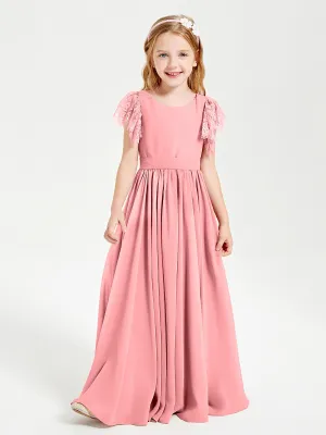 Chiffon Junior Bridesmaid Dresses Lace Flutter Sleeves Scoop Neck Flamingo