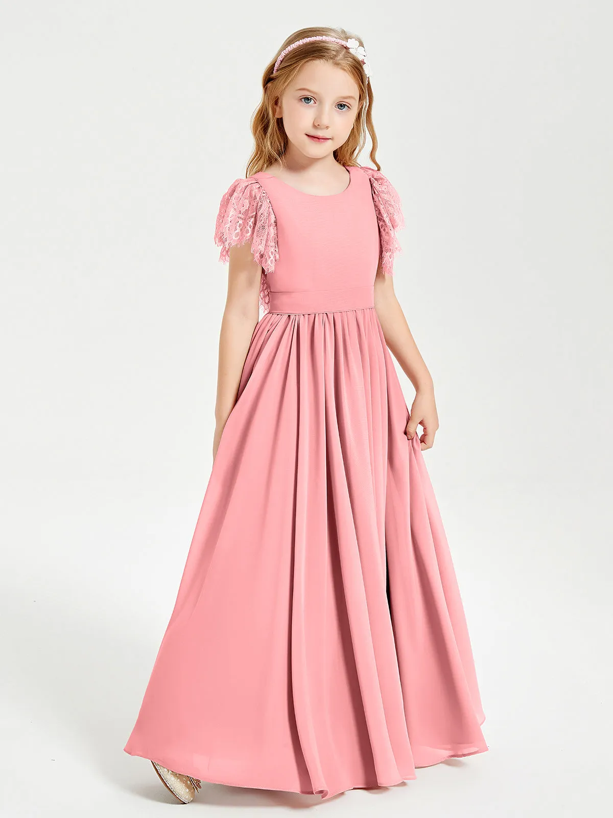 Chiffon Junior Bridesmaid Dresses Lace Flutter Sleeves Scoop Neck Flamingo