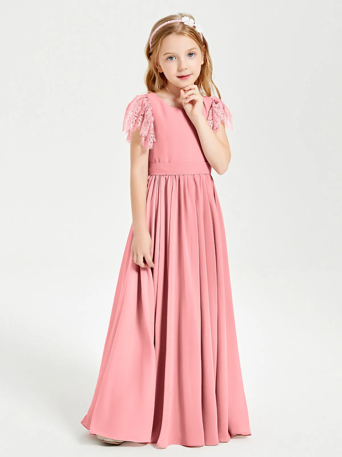 Chiffon Junior Bridesmaid Dresses Lace Flutter Sleeves Scoop Neck Flamingo