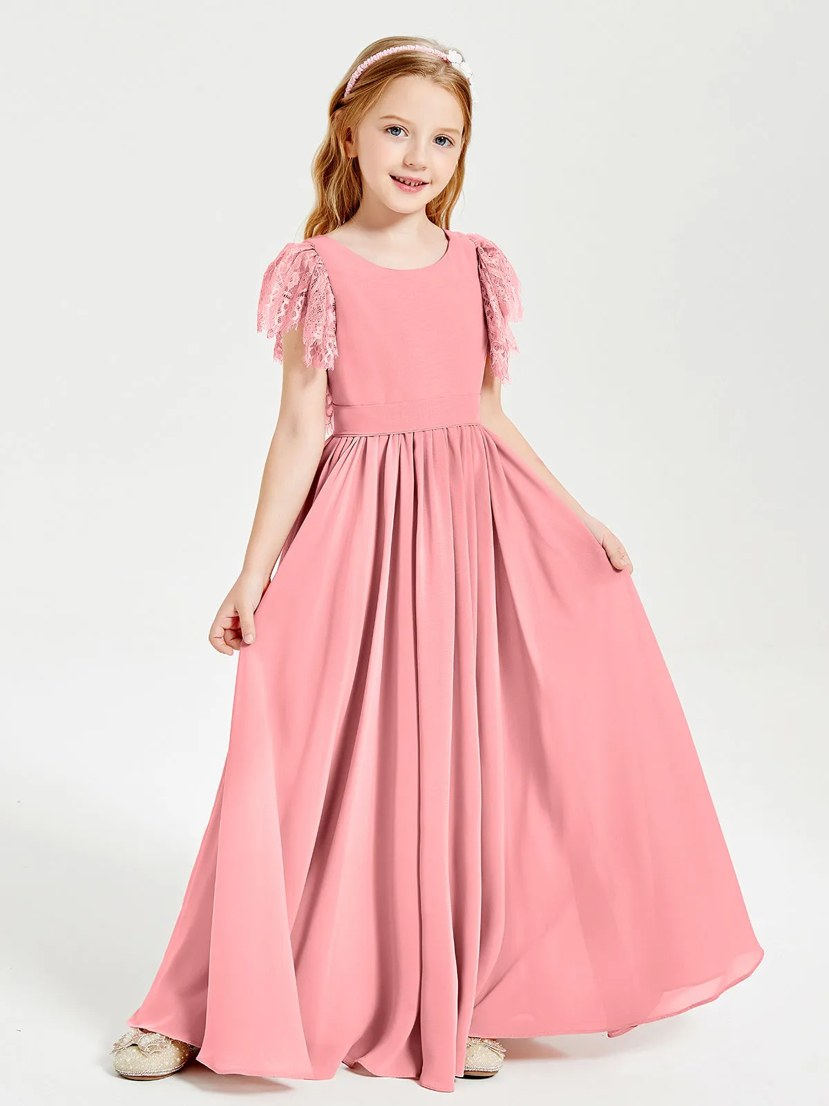 Chiffon Junior Bridesmaid Dresses Lace Flutter Sleeves Scoop Neck Flamingo