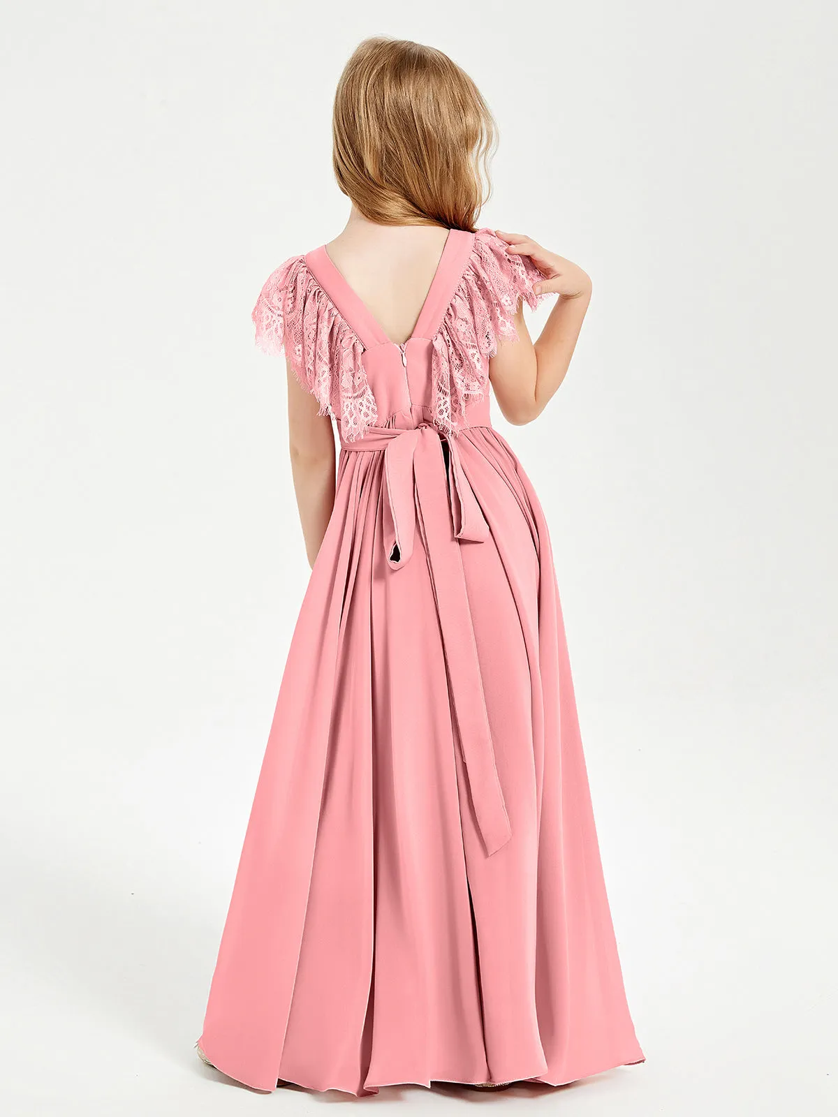 Chiffon Junior Bridesmaid Dresses Lace Flutter Sleeves Scoop Neck Flamingo