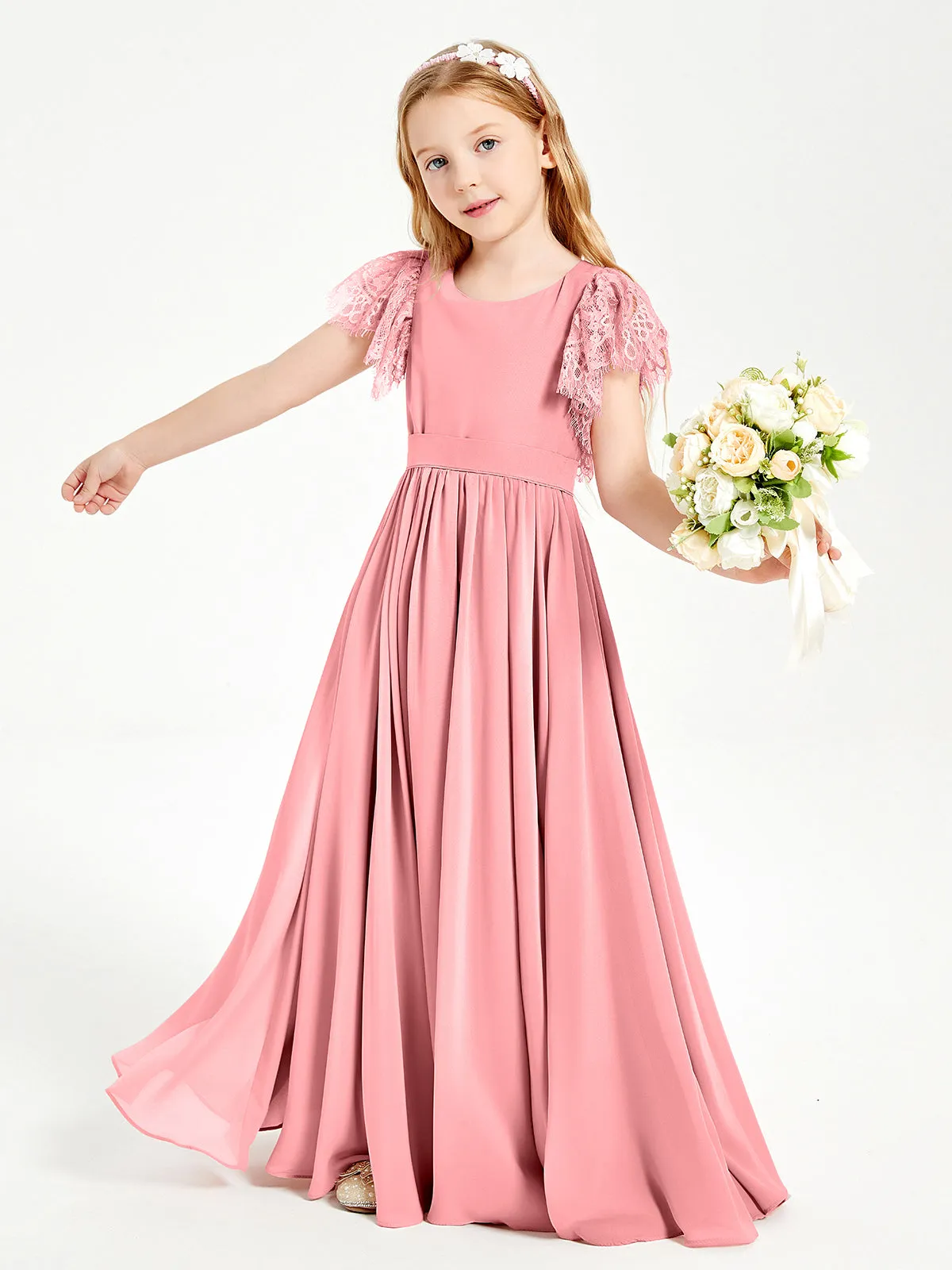 Chiffon Junior Bridesmaid Dresses Lace Flutter Sleeves Scoop Neck Flamingo