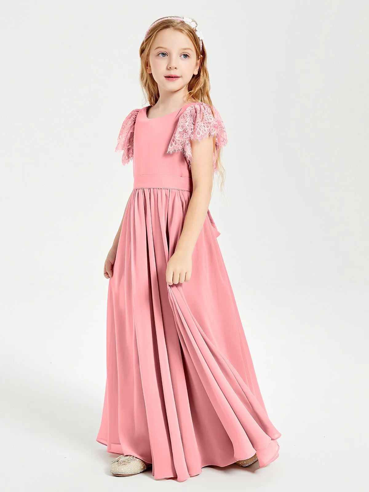 Chiffon Junior Bridesmaid Dresses Lace Flutter Sleeves Scoop Neck Flamingo