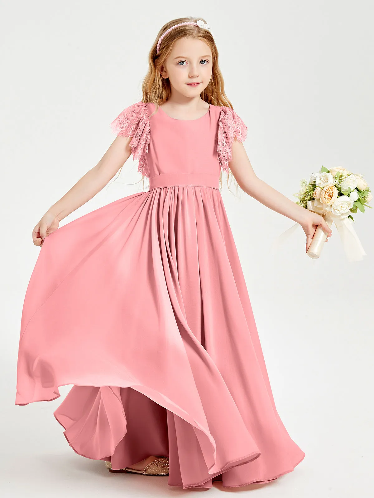 Chiffon Junior Bridesmaid Dresses Lace Flutter Sleeves Scoop Neck Flamingo