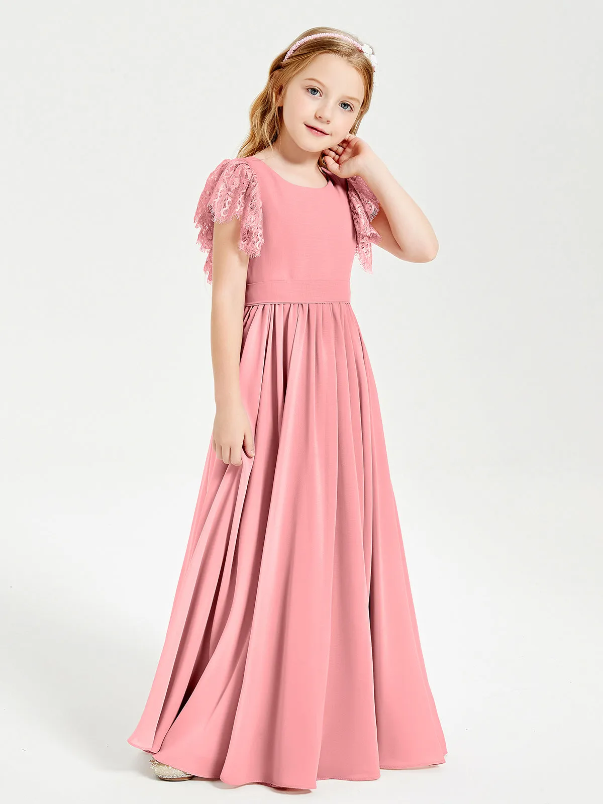 Chiffon Junior Bridesmaid Dresses Lace Flutter Sleeves Scoop Neck Flamingo