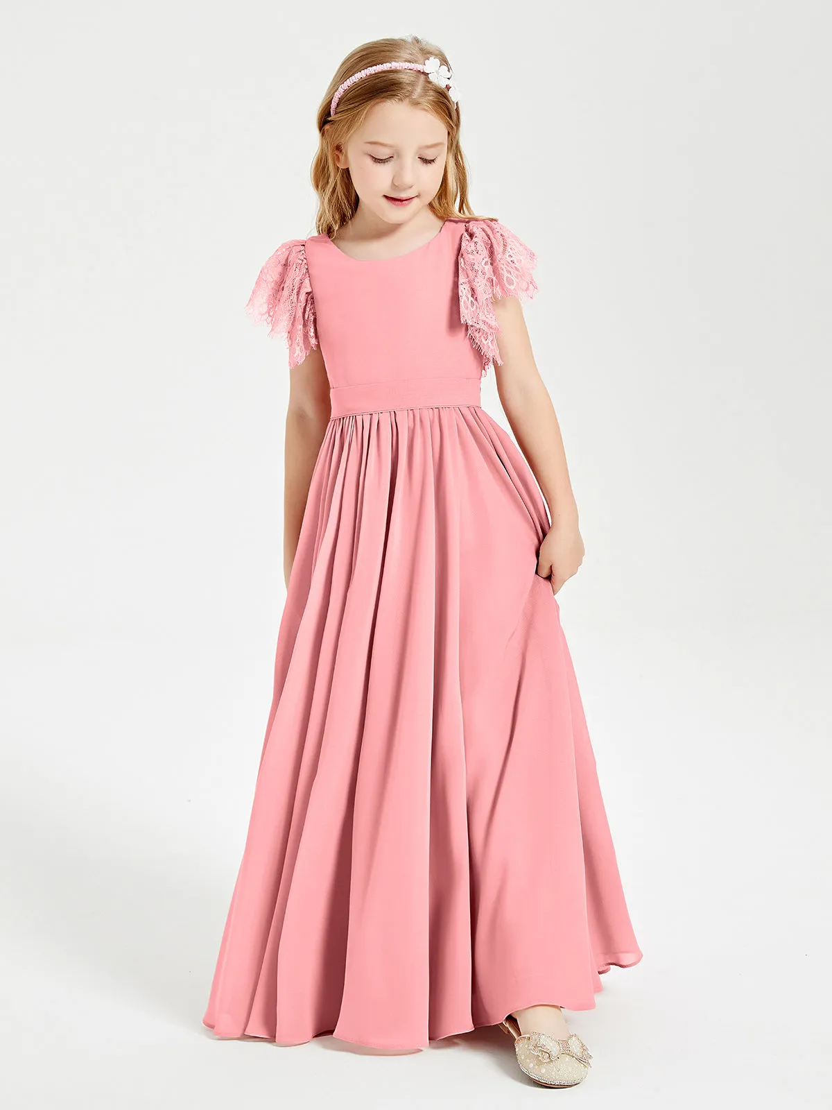 Chiffon Junior Bridesmaid Dresses Lace Flutter Sleeves Scoop Neck Flamingo