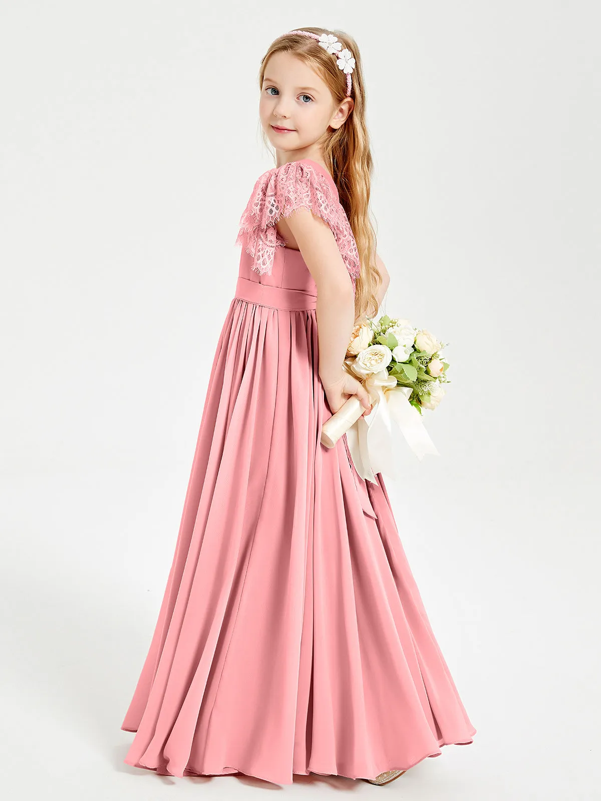 Chiffon Junior Bridesmaid Dresses Lace Flutter Sleeves Scoop Neck Flamingo