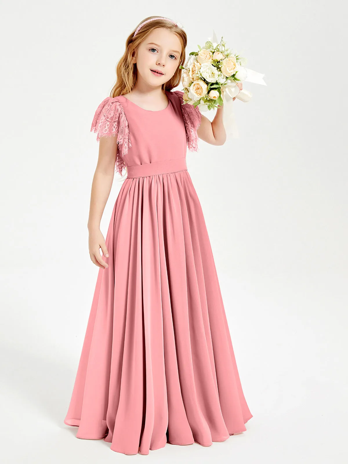 Chiffon Junior Bridesmaid Dresses Lace Flutter Sleeves Scoop Neck Flamingo