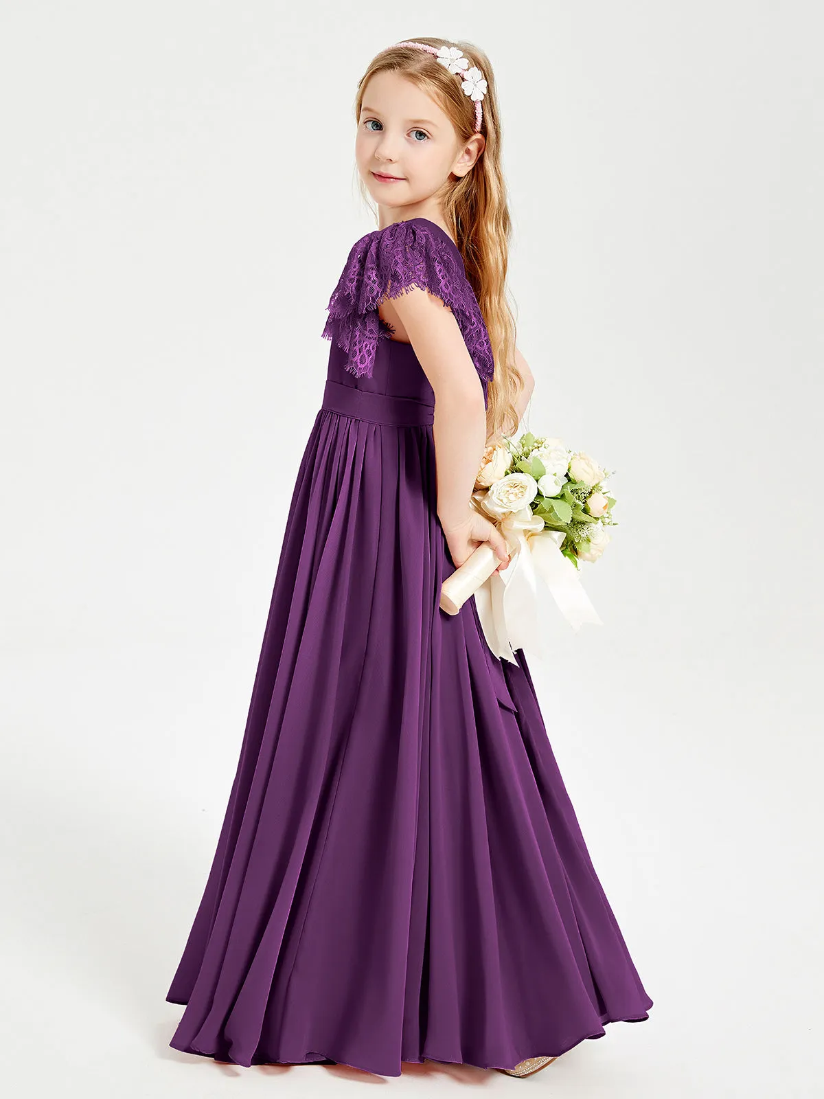 Chiffon Junior Bridesmaid Dresses Lace Flutter Sleeves Scoop Neck Grape