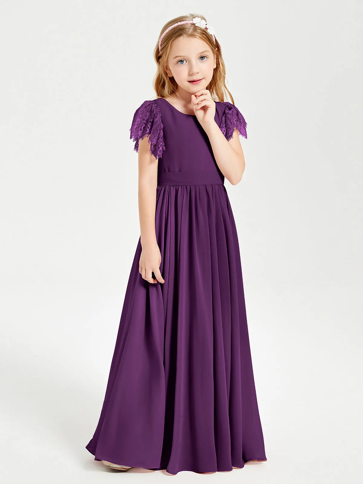 Chiffon Junior Bridesmaid Dresses Lace Flutter Sleeves Scoop Neck Grape