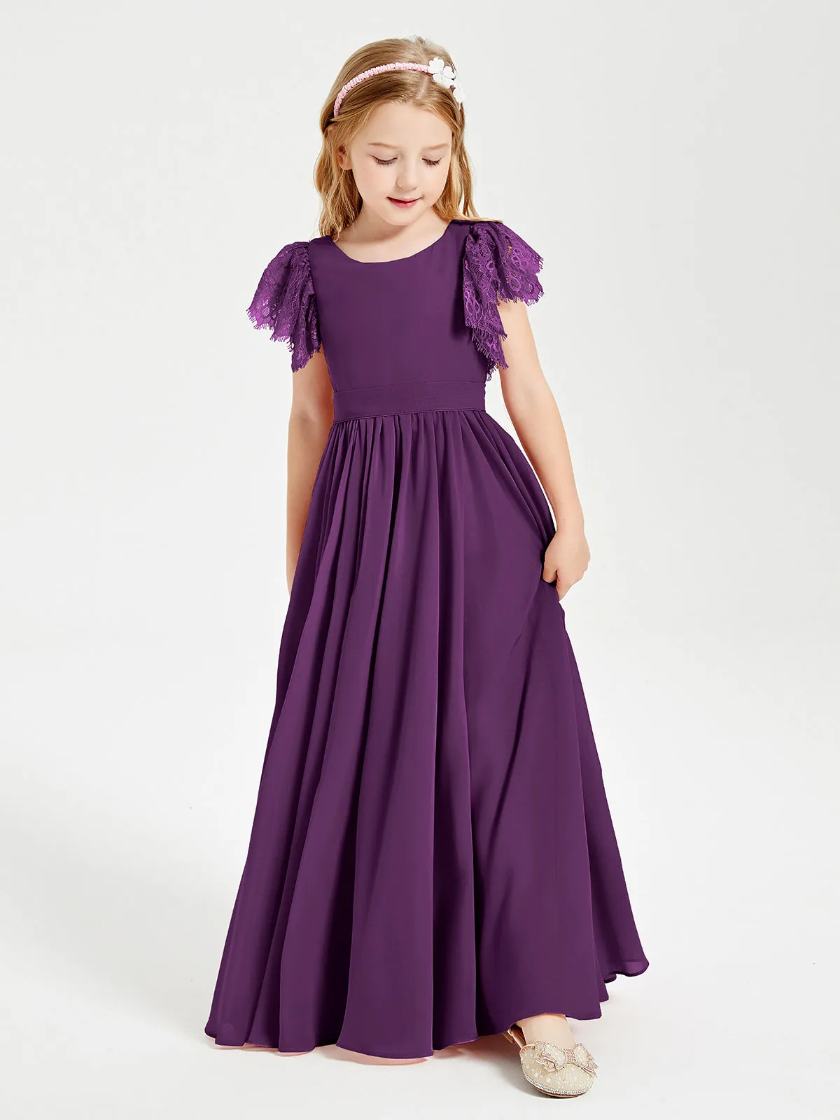 Chiffon Junior Bridesmaid Dresses Lace Flutter Sleeves Scoop Neck Grape