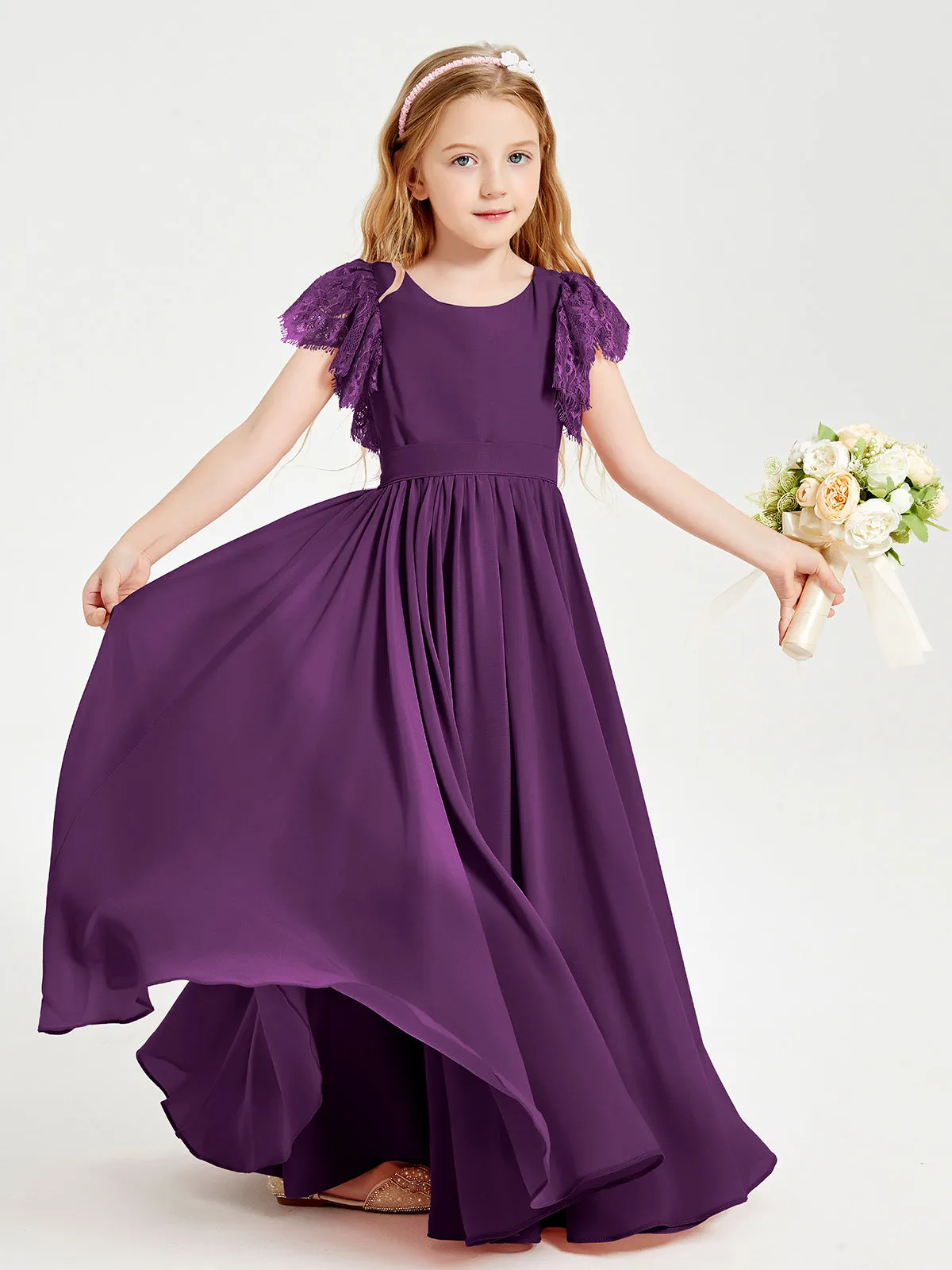 Chiffon Junior Bridesmaid Dresses Lace Flutter Sleeves Scoop Neck Grape