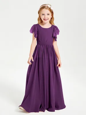 Chiffon Junior Bridesmaid Dresses Lace Flutter Sleeves Scoop Neck Grape