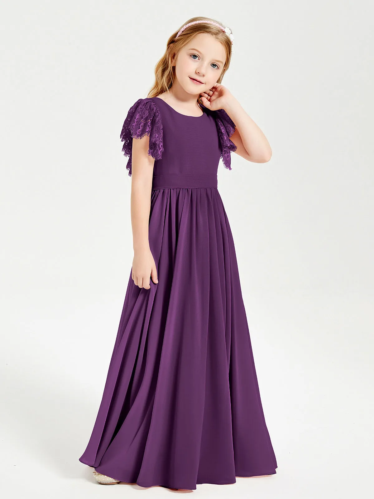 Chiffon Junior Bridesmaid Dresses Lace Flutter Sleeves Scoop Neck Grape