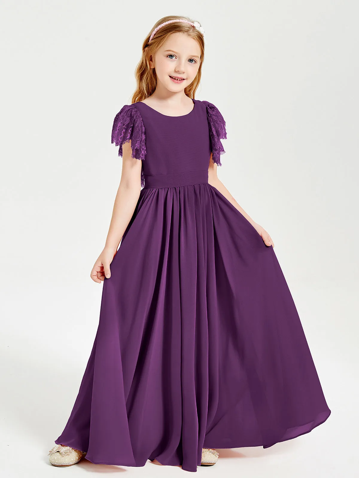 Chiffon Junior Bridesmaid Dresses Lace Flutter Sleeves Scoop Neck Grape