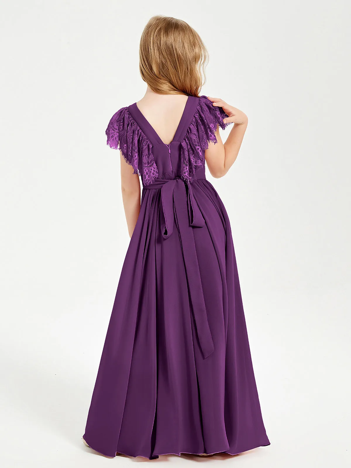 Chiffon Junior Bridesmaid Dresses Lace Flutter Sleeves Scoop Neck Grape