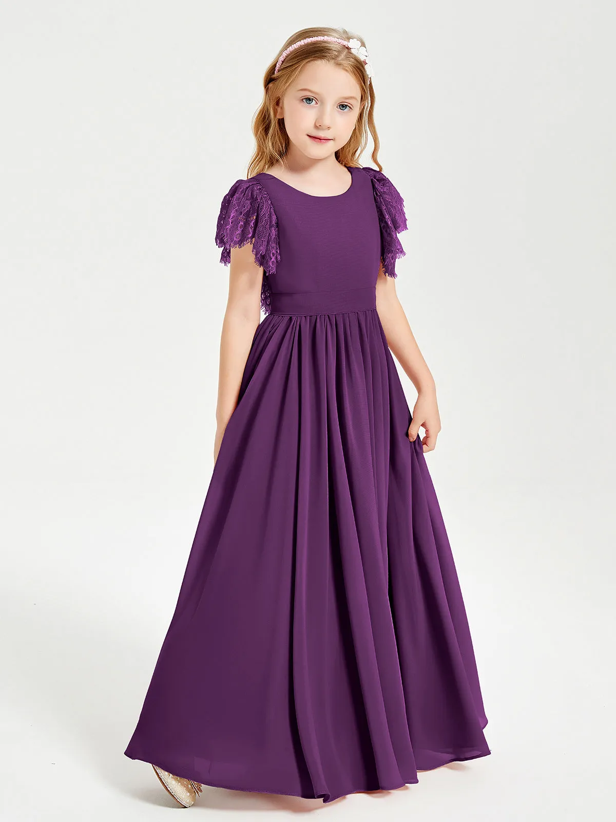 Chiffon Junior Bridesmaid Dresses Lace Flutter Sleeves Scoop Neck Grape