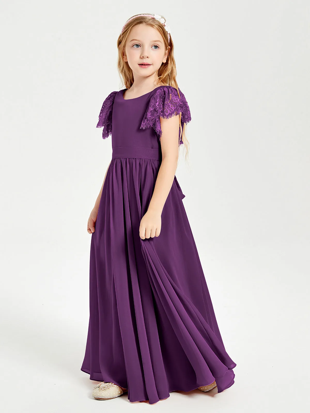 Chiffon Junior Bridesmaid Dresses Lace Flutter Sleeves Scoop Neck Grape