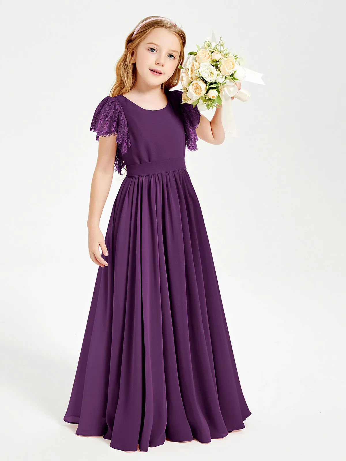 Chiffon Junior Bridesmaid Dresses Lace Flutter Sleeves Scoop Neck Grape