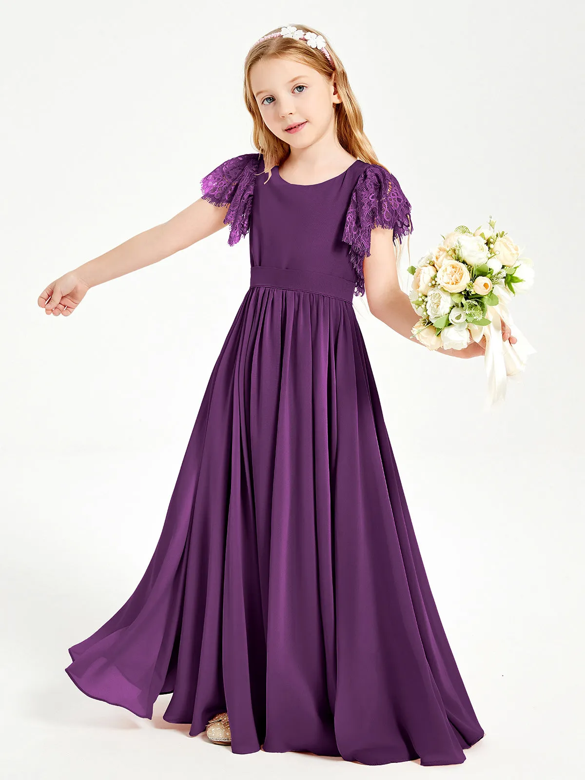 Chiffon Junior Bridesmaid Dresses Lace Flutter Sleeves Scoop Neck Grape