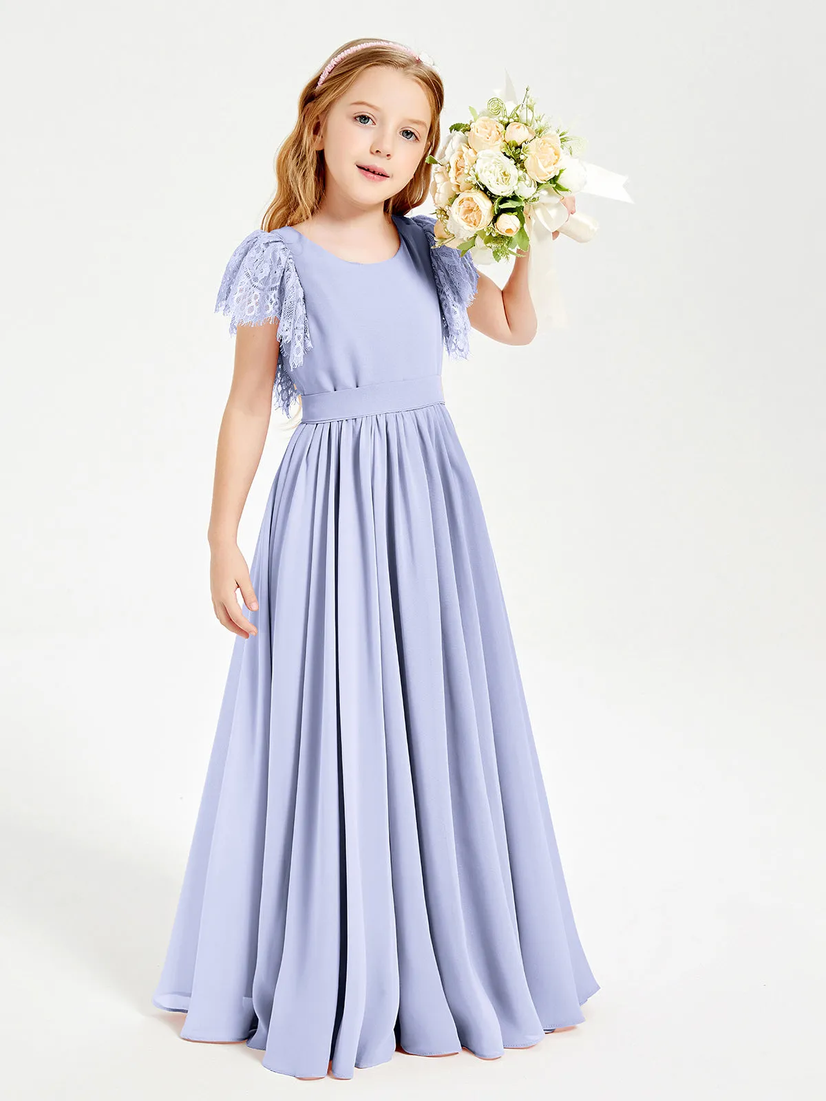 Chiffon Junior Bridesmaid Dresses Lace Flutter Sleeves Scoop Neck Lavender