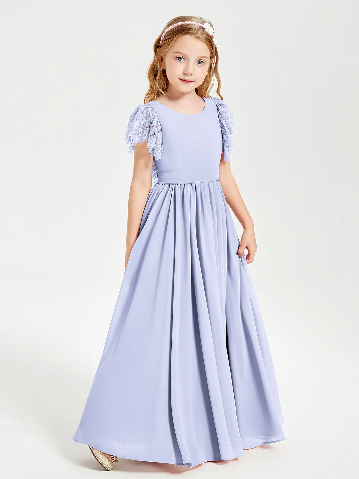 Chiffon Junior Bridesmaid Dresses Lace Flutter Sleeves Scoop Neck Lavender