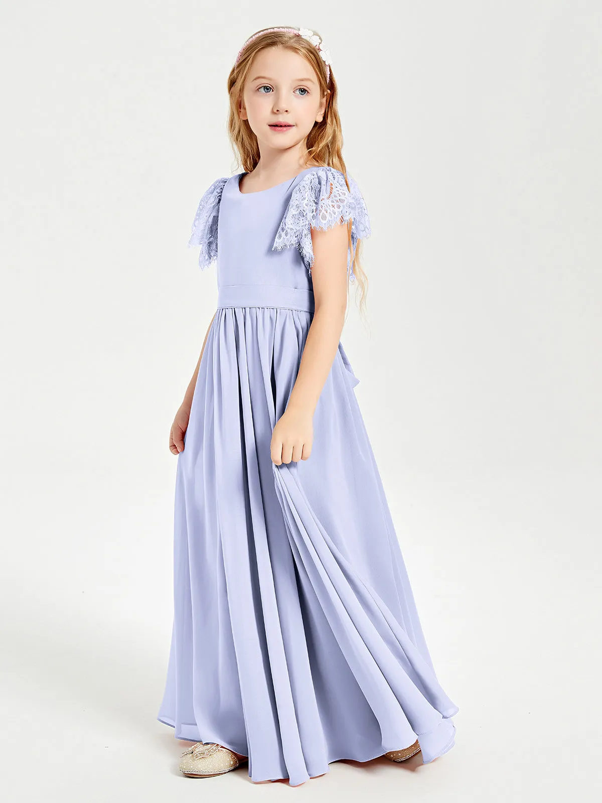 Chiffon Junior Bridesmaid Dresses Lace Flutter Sleeves Scoop Neck Lavender