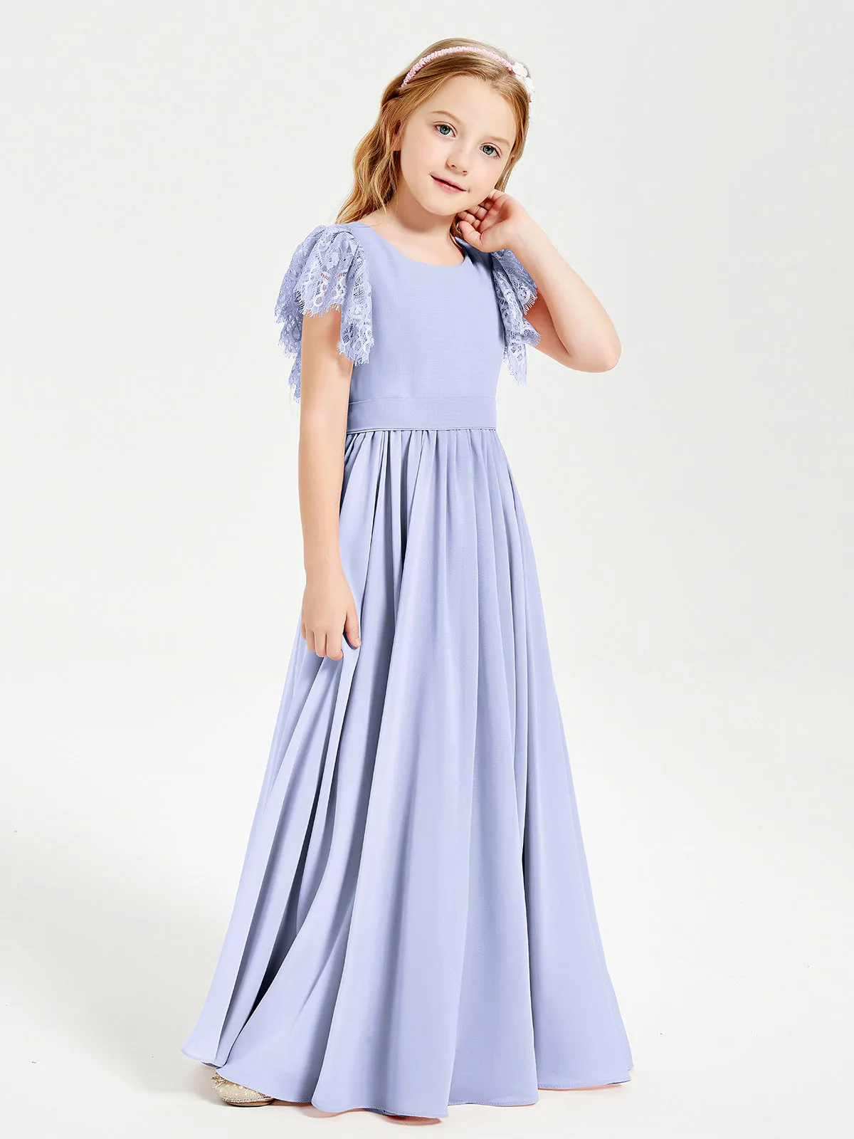 Chiffon Junior Bridesmaid Dresses Lace Flutter Sleeves Scoop Neck Lavender