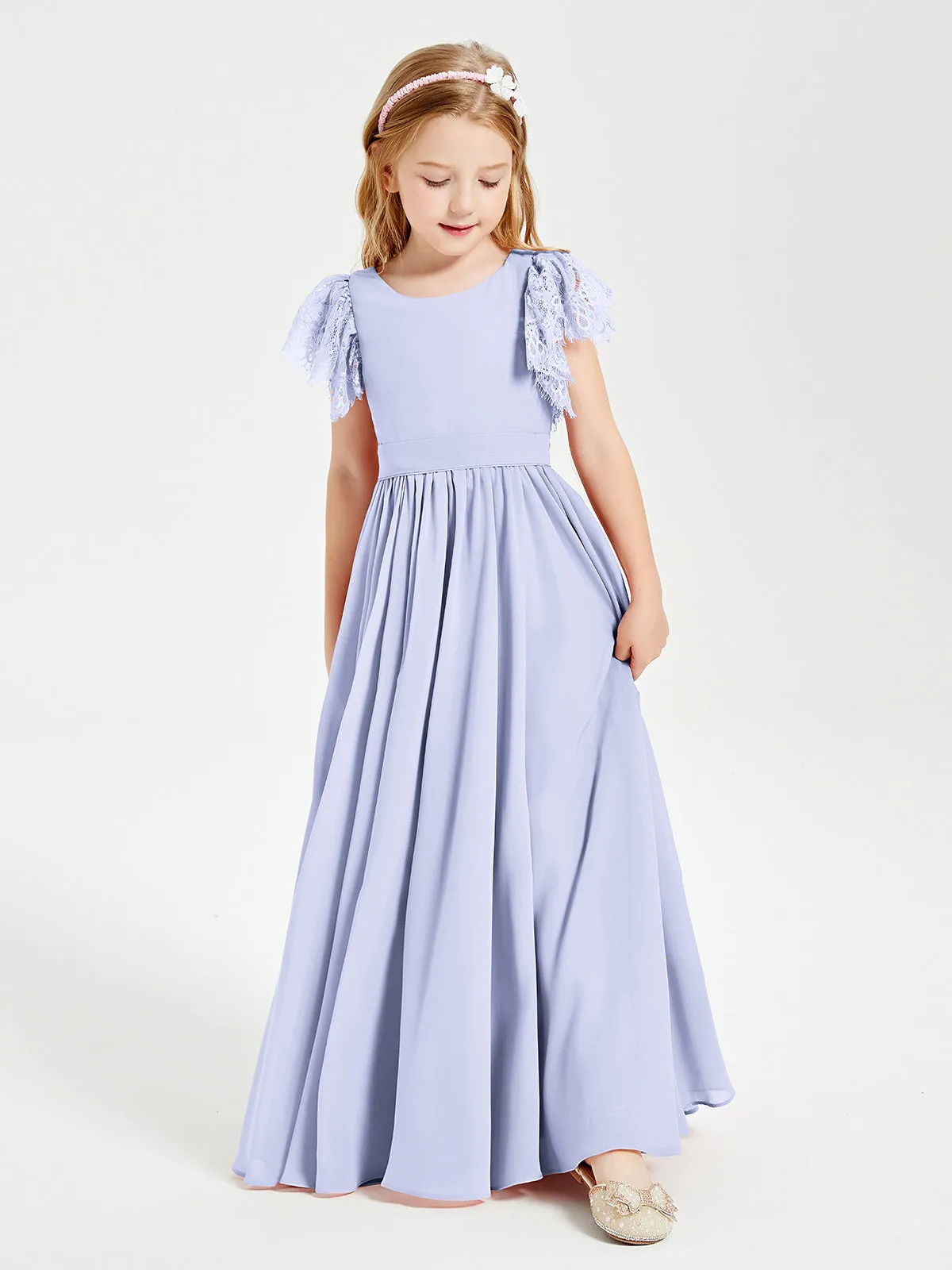 Chiffon Junior Bridesmaid Dresses Lace Flutter Sleeves Scoop Neck Lavender