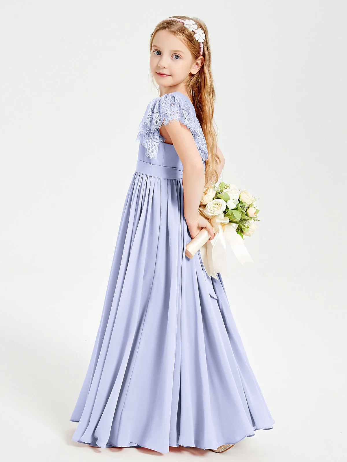 Chiffon Junior Bridesmaid Dresses Lace Flutter Sleeves Scoop Neck Lavender