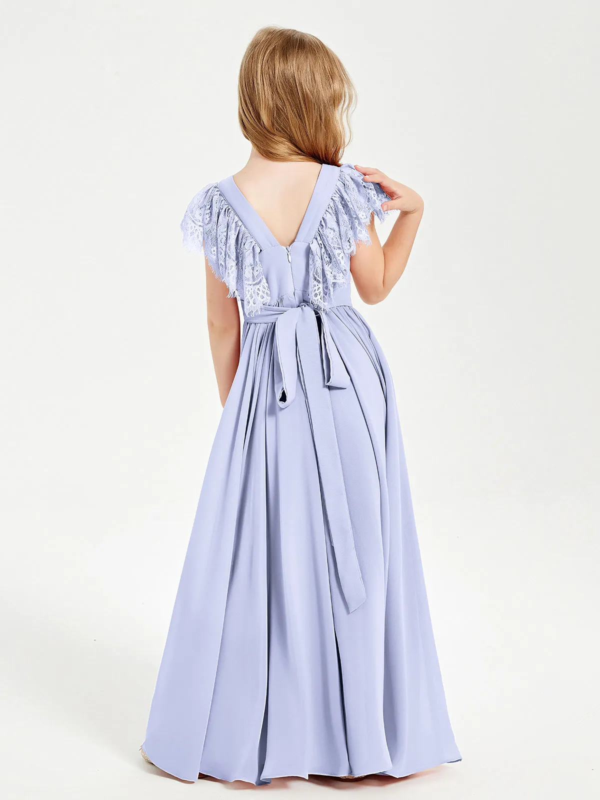 Chiffon Junior Bridesmaid Dresses Lace Flutter Sleeves Scoop Neck Lavender