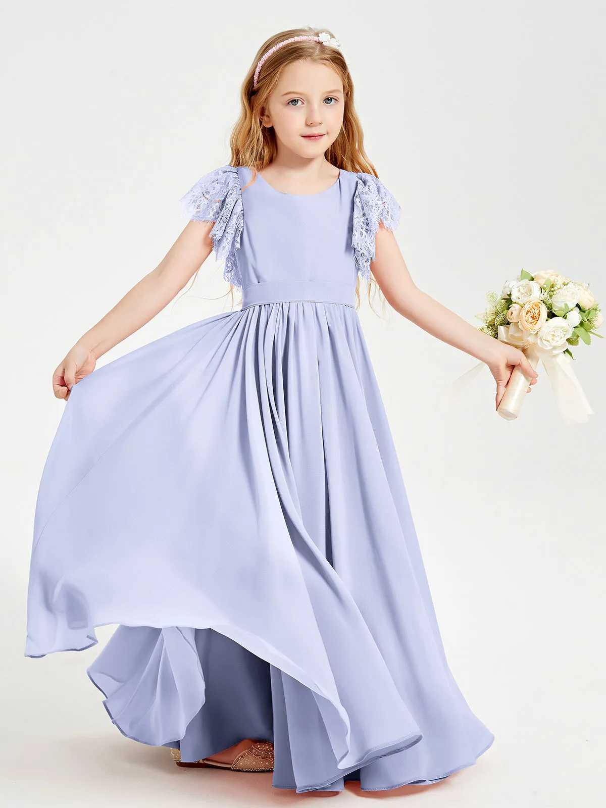 Chiffon Junior Bridesmaid Dresses Lace Flutter Sleeves Scoop Neck Lavender