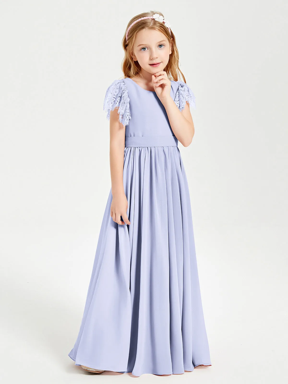 Chiffon Junior Bridesmaid Dresses Lace Flutter Sleeves Scoop Neck Lavender